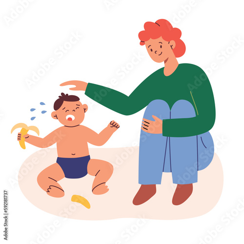 Mother comforting a child, toddler cries over broken banana, mom soothing screaming baby hand drawn composition, vector illustrations of parenting challenges, colored clipart on white background
