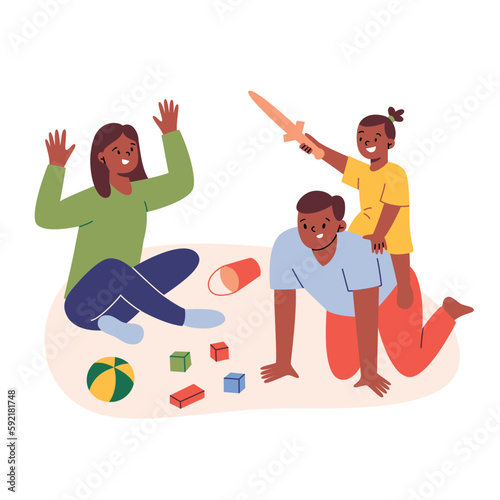 Parents playing with child, girl riding dad, knight role play, hand drawn composition, doodle icons of wooden sword and toys, vector illustrations of family spending time together, colored clipart