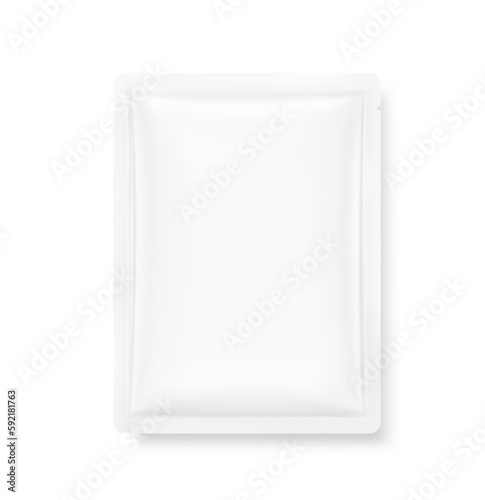 Hyper realistic sachet mockup with drop shadow. Vector illustration isolated on white background. Flat lay view. Packaging for cosmetic, food, pet. Ready for your design. EPS10.