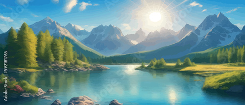 picture of a mountain lake with a mountain range in the background and a lake in the foreground with a mountain range in the background. vector illustration