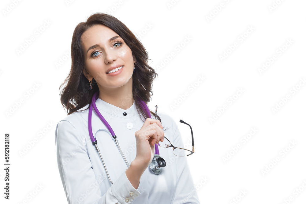 Medical Ideas. Winsome Friendly Female GP Doctor Isolated Over White background Medical Ideas. Winsome Friendly Female GP Doctor Isolated Over White background