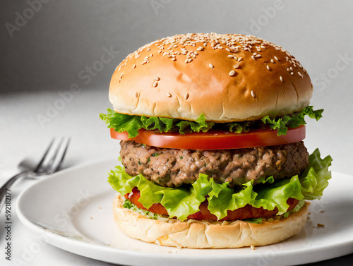 Hamburger with beef patty and fresh vegetables on white plate.