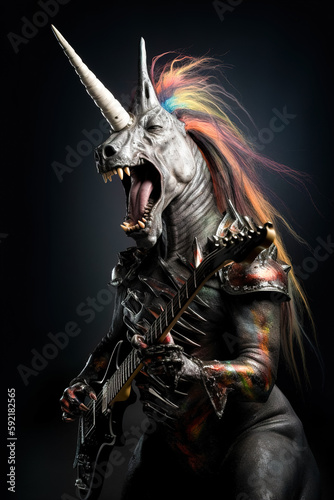 Illustration of a skeleton unicorn holding a guitar and playing heavy metal music. Generative ai
