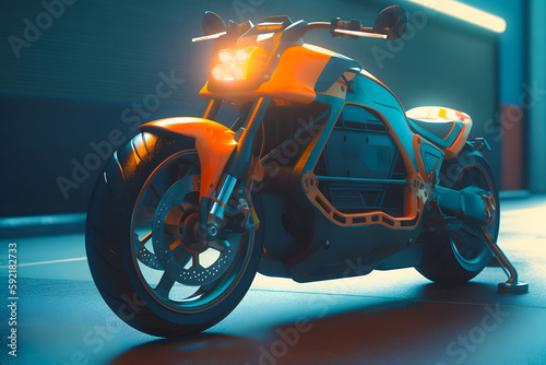 Electric red modern high-speed motorcycle on city street parking neon light. Generative AI
