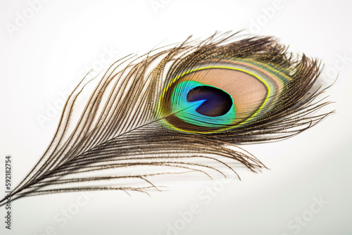 Peacock feather close up. Generative AI.