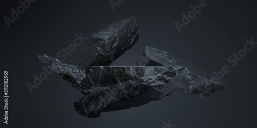 Black stone podium, 3d product display on black background. 3D rendering illustration