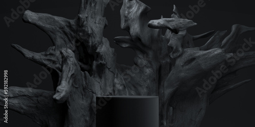 Fototapeta Naklejka Na Ścianę i Meble -  3d rustic wood podium black background. 3d display for perfume, jewelry and cosmetic products background.3d rendering illustration
