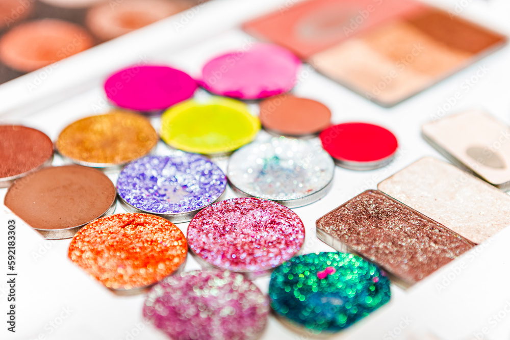 Line of Variety of Professional Makeup Tools and Brushes With Eye shadows Placed in Workshop of Makeup Artist Line of Variety of Professional Makeup Tools and Brushes With Eye shadows Placed in Workshop of Makeup Artist