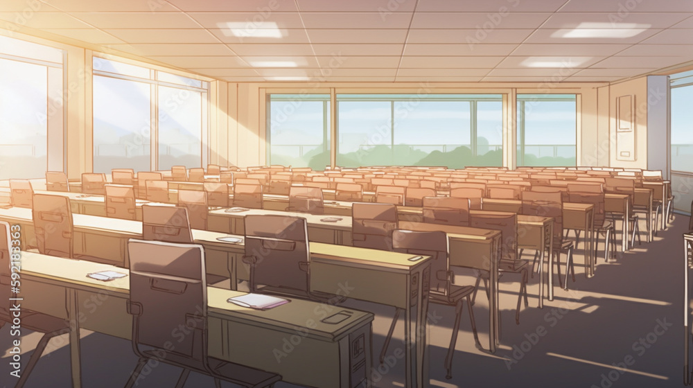 bright lights organized classroom with rows of desks and chairs AI generated illustration