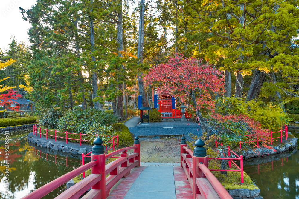 Japanese Travel Concepts. Traditional japanese River Bridge Across The Pond on Mount Koyasan
