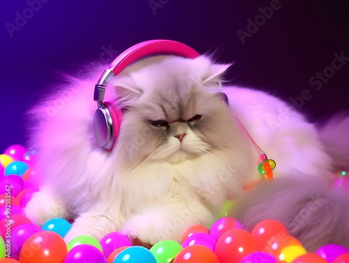 Fashionable cat with an earphone in head.