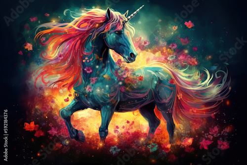 beautiful unicorn art with flowers, colorful illustration, Generative AI