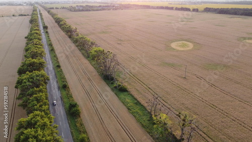 Beautiful panoramic landscape agricultural fields of ripe wheat,road with moving cars, industrial plants, forest, city on summer evening. Agricultural agrarian scenery. Aerial drone view. Top view.
