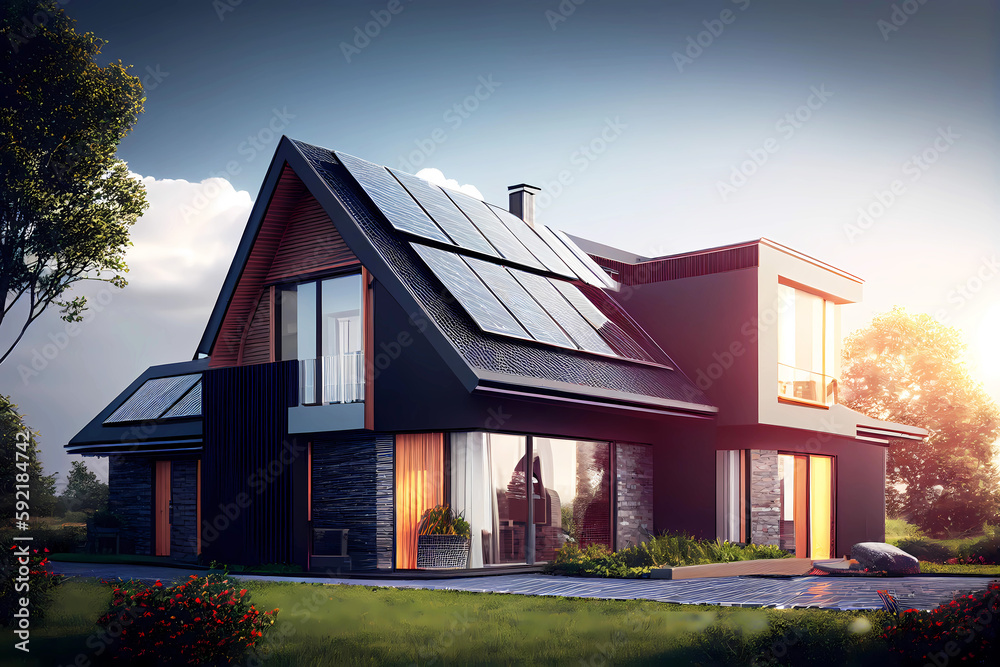 Modern house with solar panels on the roof. Generative ai. Modern house with solar panels on the roof. Generative ai.