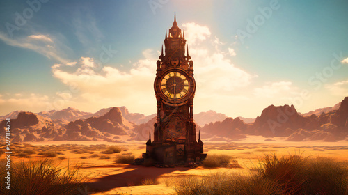 An awe-inspiring view of a clock tower surrounded by a rugged, sun-drenched desert landscape