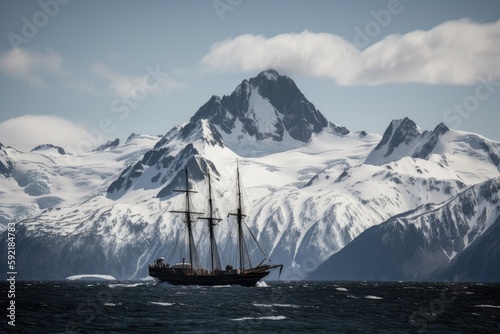 vking ship sails past mountain range, with snowy peaks in the background, created with generative ai photo