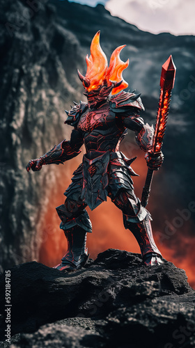 Illustration of a mystical knight, a monster made of hot liquid lava, wearing medieval armor and weapons. Standing on a volcanic rock, he shows his strength. Generative ai