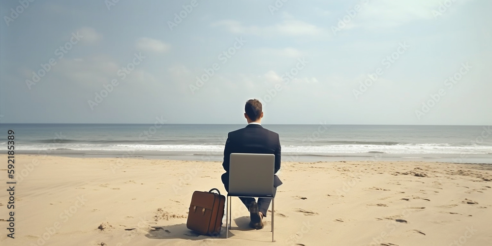 Business mann sitzt am Meer auf einen Stuhl
