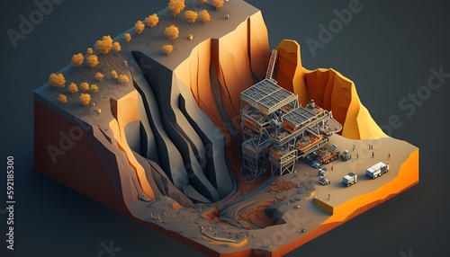 Low poly opencast mining area isometric view. Generative AI