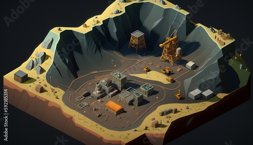 Low poly opencast mining area isometric view. Generative AI