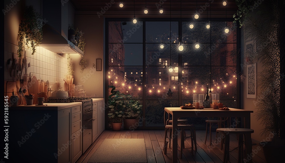 Modern interior style kitchen at night with string of lights. Generative AI