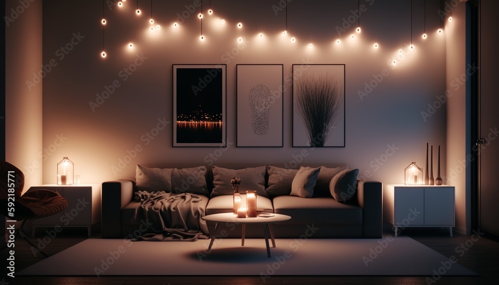 Modern minimalistic interior style living room at night with sofa, pillows and string of lights. Generative AI Modern minimalistic interior style living room at night with sofa, pillows and string of lights. Generative AI