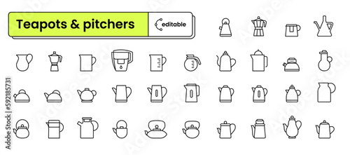 Set of editable icons: teapots & pitchers (teapot, kettle, pitcher, water filter, jug, pot, set, ewer, cruse, mugful, jugful, mug, coffee kettle) (ID: 592185731)