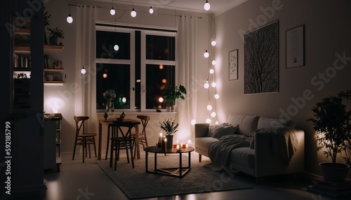 Modern minimalistic interior style living room at night with sofa, pillows and string of lights. Generative AI