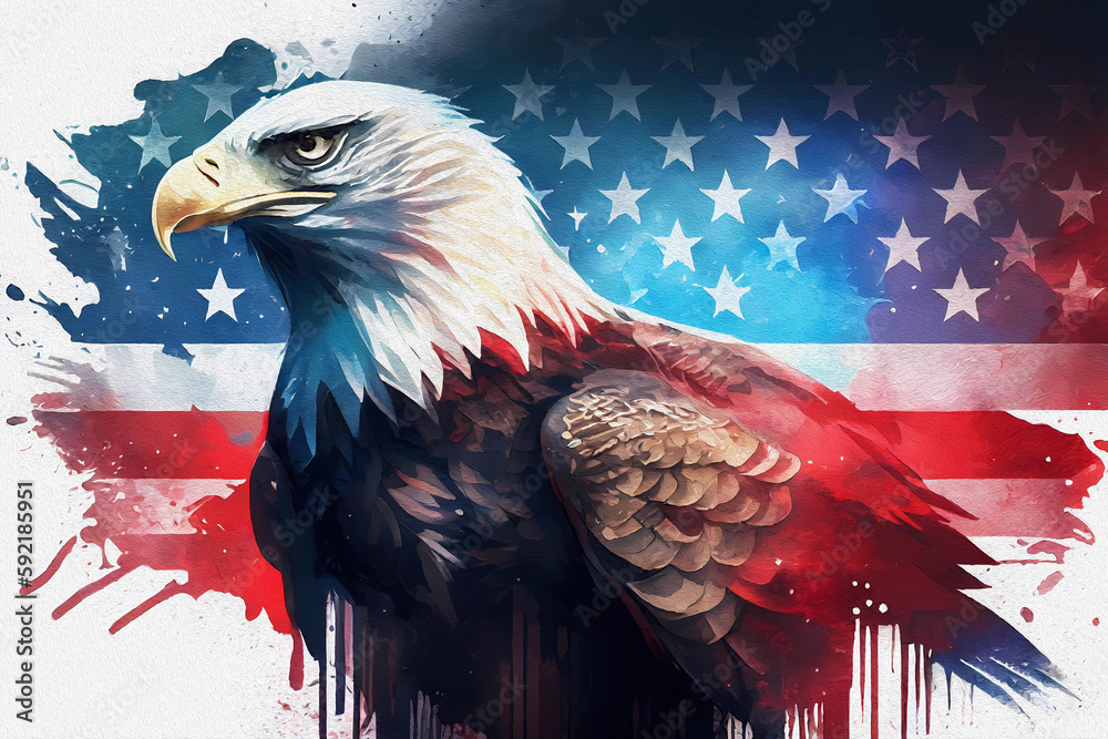 Fototapeta premium Bald eagle watercolor with usa flag. Generative ai.