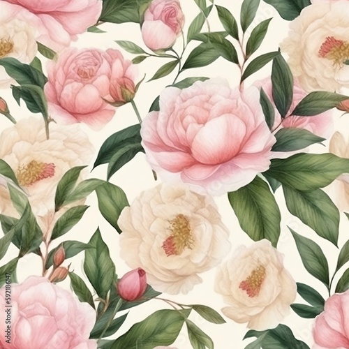 Pink peony flower. Botanical floral watercolor seamless pattern background. Generative AI