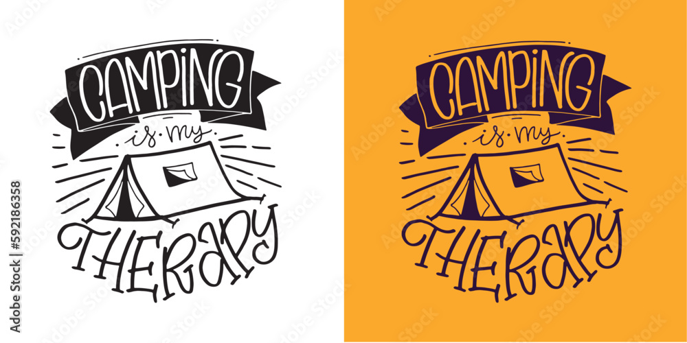 Obraz premium Funny hand dtawn doodle lettering about Camping. T-shirt design, postcard, mug print.