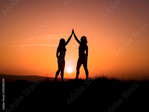 Two women clapping each other on the hill. Concept of national high five day.