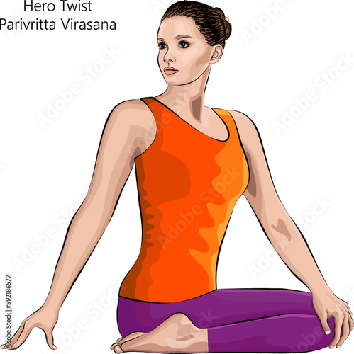 Young woman practicing yoga exercise, doing Hero Twist pose. Parivritta Virasana. Seated and Twist. Beginner. Vector illustration isolated on white background