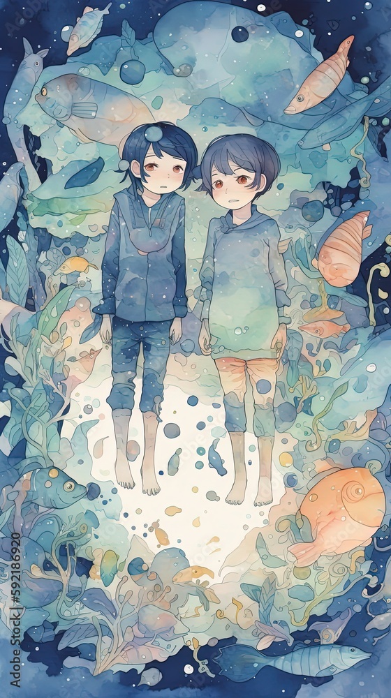 watercolor illustration style, two little kids swimming under water explore underwater world, deep ocean floor with coral reef, Generative Ai 
