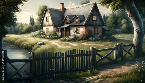 Traditional looking two-story cottage house on a grassy filed with wooden fence. Generative AI