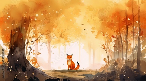 Photo watercolor illustration children book style of a fox sitting on nature trail in