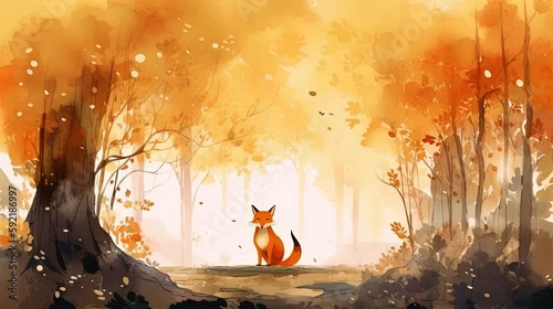 Obraz akwarela dla dzieci, lis siedzący na ścieżce w sezonie jesiennym, wygenerowane przez sztuczną inteligencję