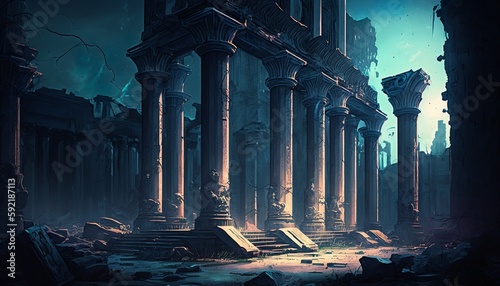 Giant stone pillars in an ancient city ruin at dawn. Generative AI