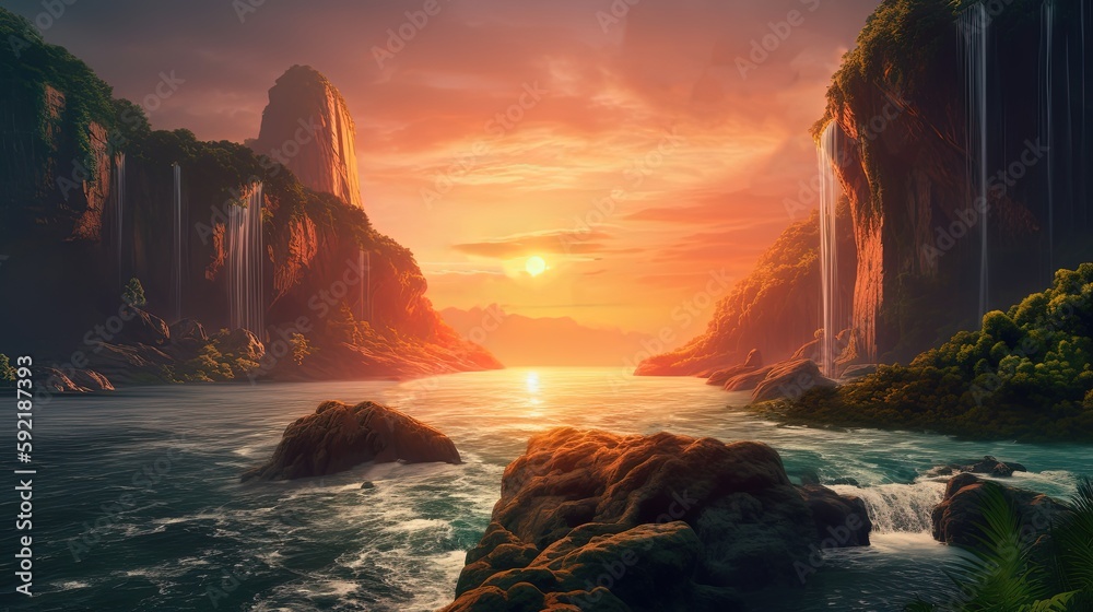 illustration of sunset rock shore with cliff along coastal beach, Generative Ai