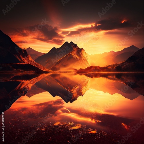 a breathtaking sunset over a majestic mountain landscape. The warm golden hues of the sky are reflected in the glittering water of a nearby lake © Simon