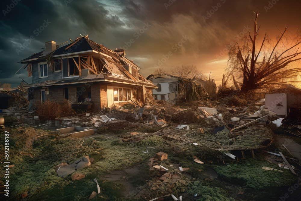 Aftermath of a tornado, houses destroyed by cyclone, apocalyptic ...