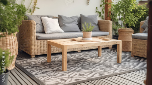 Beautiful garden patio decorated with Scandinavian wicker sofa and coffee table.