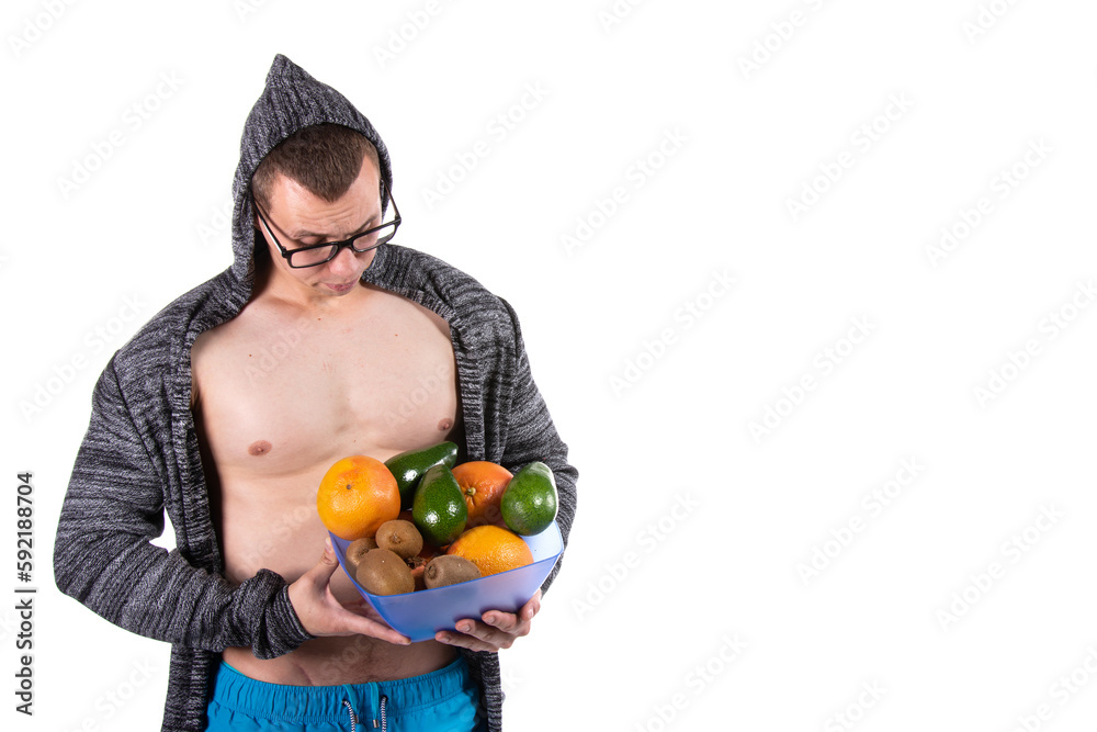 Sports and diet. Attractive man and healthy lifestyle. White background. Sports and diet. Attractive man and healthy lifestyle. White background.