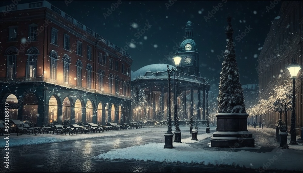 Snowy city square with buildings, street and christmas decorations. Generative AI