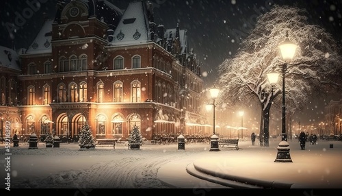 Snowy city square with buildings, street and christmas decorations. Generative AI
