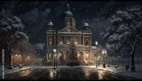 Snowy city square with buildings, street and christmas decorations. Generative AI