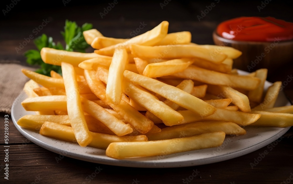 French fries with ketchup on a plate. Generative AI technology. French fries with ketchup on a plate. Generative AI technology.