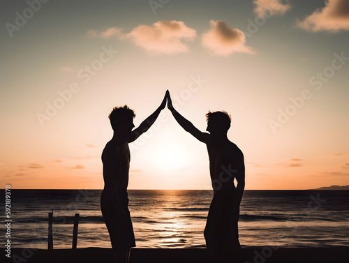 Two men clapping each other at sunset. Concept of national high five day.