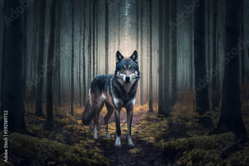 Wild wolf in the forest. AI generation