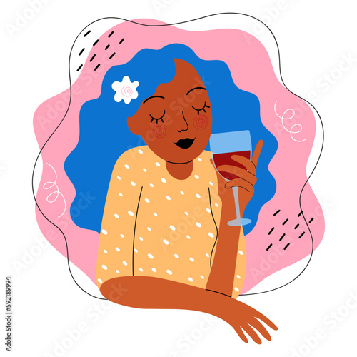 Vector illustration. Girl with blue hair holds a glass of wine in her hand and abstract background with doodle objects. Inspiration design for print, topography, poster, banner, sticker, card